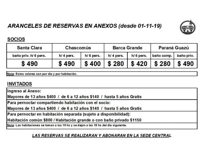Nuevos valores en las Sedes desde el 1° de noviembre de 2019